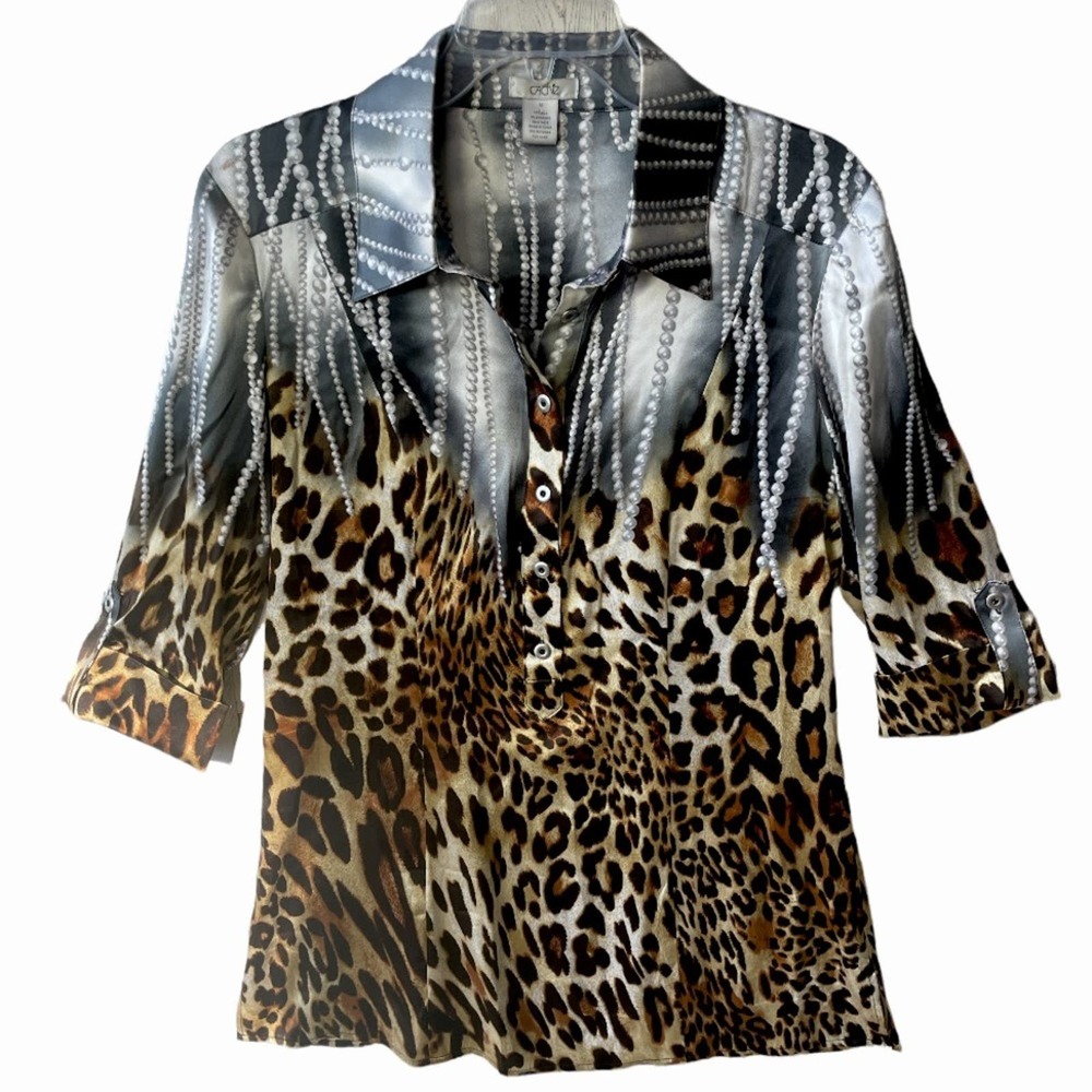 Vintage Cache top size M silk & spandex leopard animal print pearl necklaces …